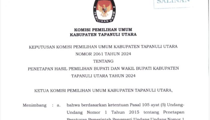KPU Tapanuli Utara Tetapkan Hasil Pemilihan Bupati dan Wakil Bupati 2024