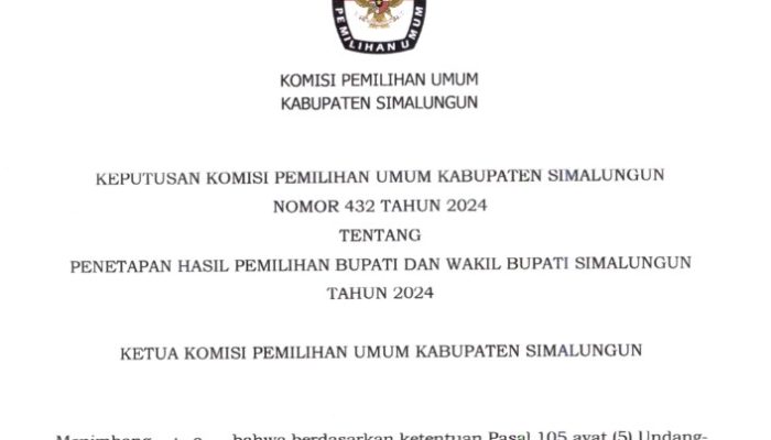 KPU Simalungun Tetapkan Hasil Pemilihan Bupati dan Wakil Bupati Tahun 2024
